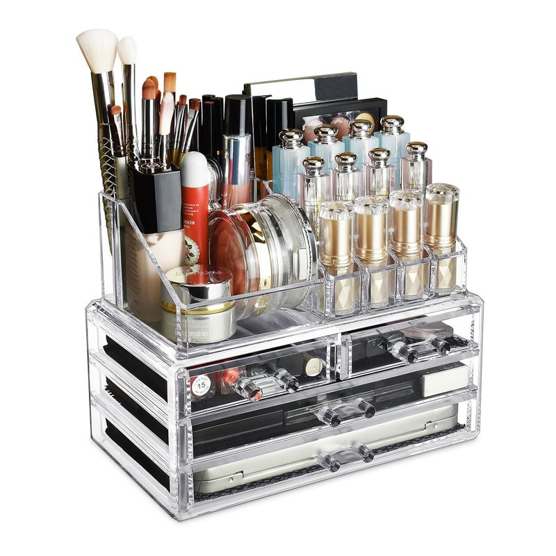 Ikee Design Acrylic Makeup Organizer with 4 Drawers and Removable Top Lipstick Holders, Ideal for Make-up or Accessories,Enhance Your Vanity or Bathroom with Clear Design for Quick Visibility - Image 1