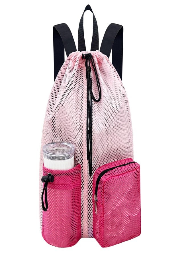 HOPSOOKEN Swim Bag Mesh Beach Backpack for Womem Men Waterproof Drawstring Backpack with Wet Pocket for Swimming Gym Pool(Pink Rose) - Image 1