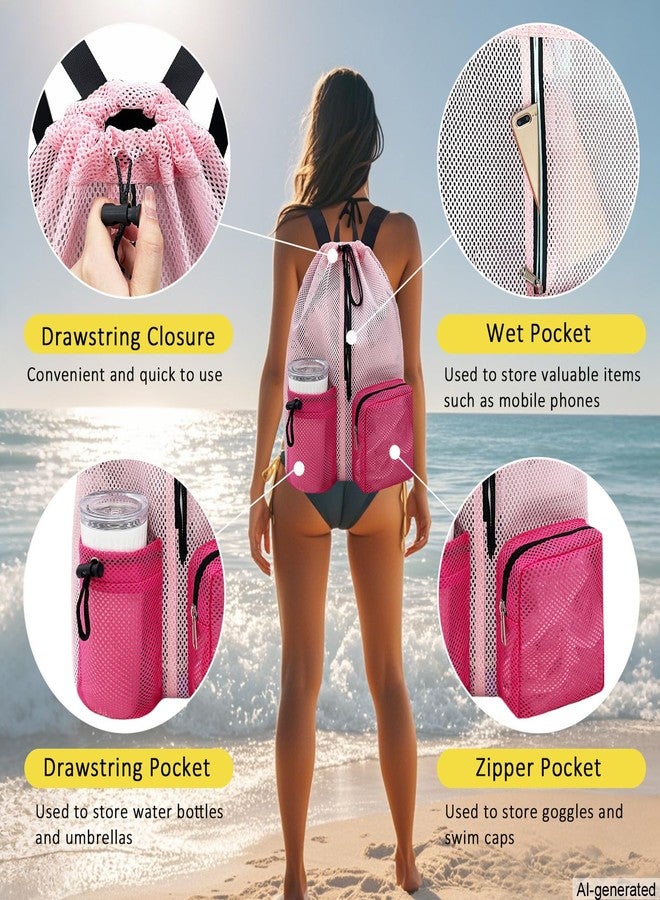 HOPSOOKEN Swim Bag Mesh Beach Backpack for Womem Men Waterproof Drawstring Backpack with Wet Pocket for Swimming Gym Pool(Pink Rose) - Image 3