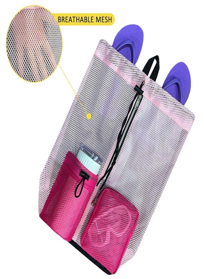 HOPSOOKEN Swim Bag Mesh Beach Backpack for Womem Men Waterproof Drawstring Backpack with Wet Pocket for Swimming Gym Pool(Pink Rose) - Image 5