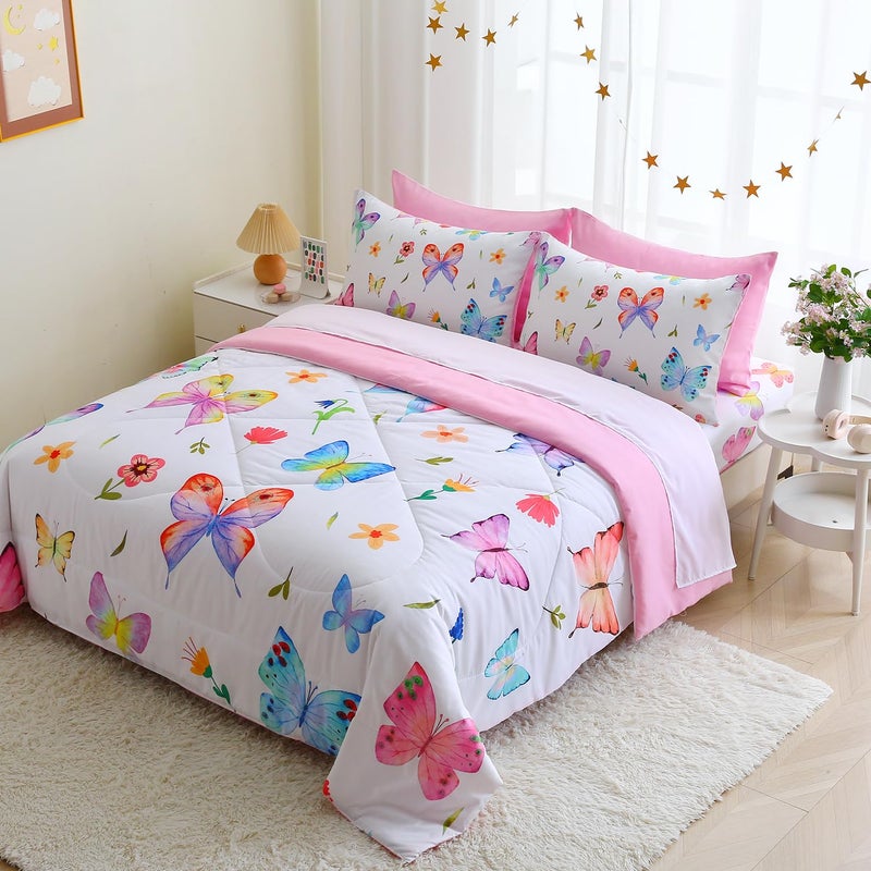 Wajade 7 Piece Butterfly Comforter Set for Girls Kids Cute Colorful Butterfly Flowers Floral Bedding Set Twin Size with Sheet and 2 Pillowcases 2 Pillow Shams Bed in a Bag as Birthday Choice - Image 3