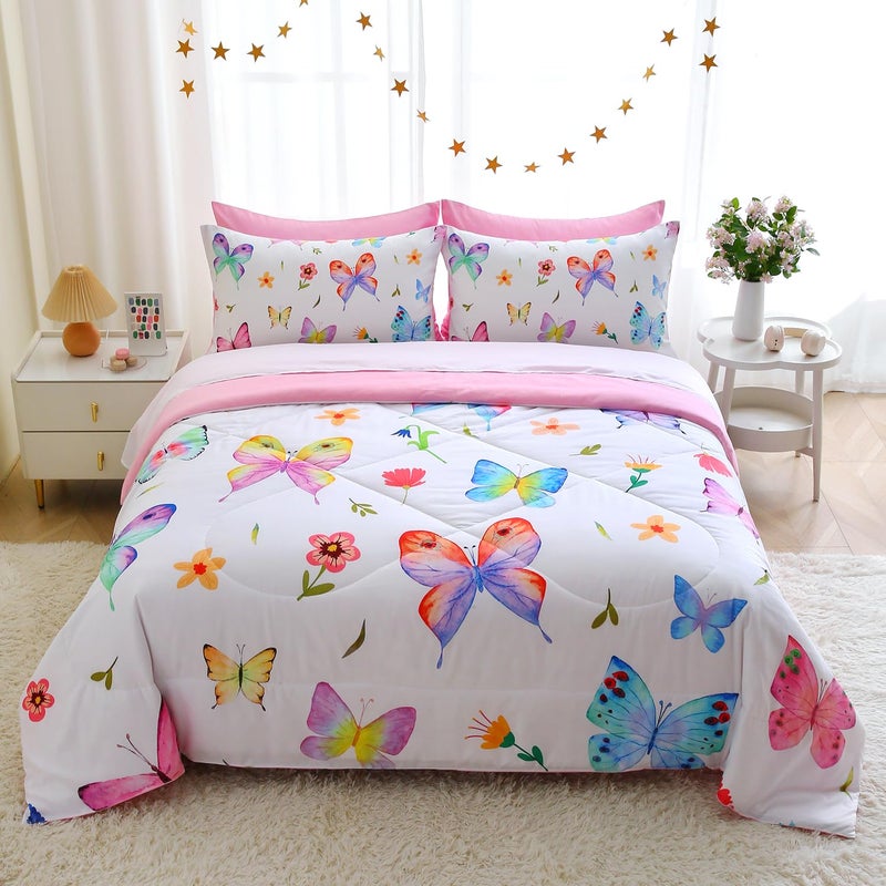 Wajade 7 Piece Butterfly Comforter Set for Girls Kids Cute Colorful Butterfly Flowers Floral Bedding Set Twin Size with Sheet and 2 Pillowcases 2 Pillow Shams Bed in a Bag as Birthday Choice - Image 1