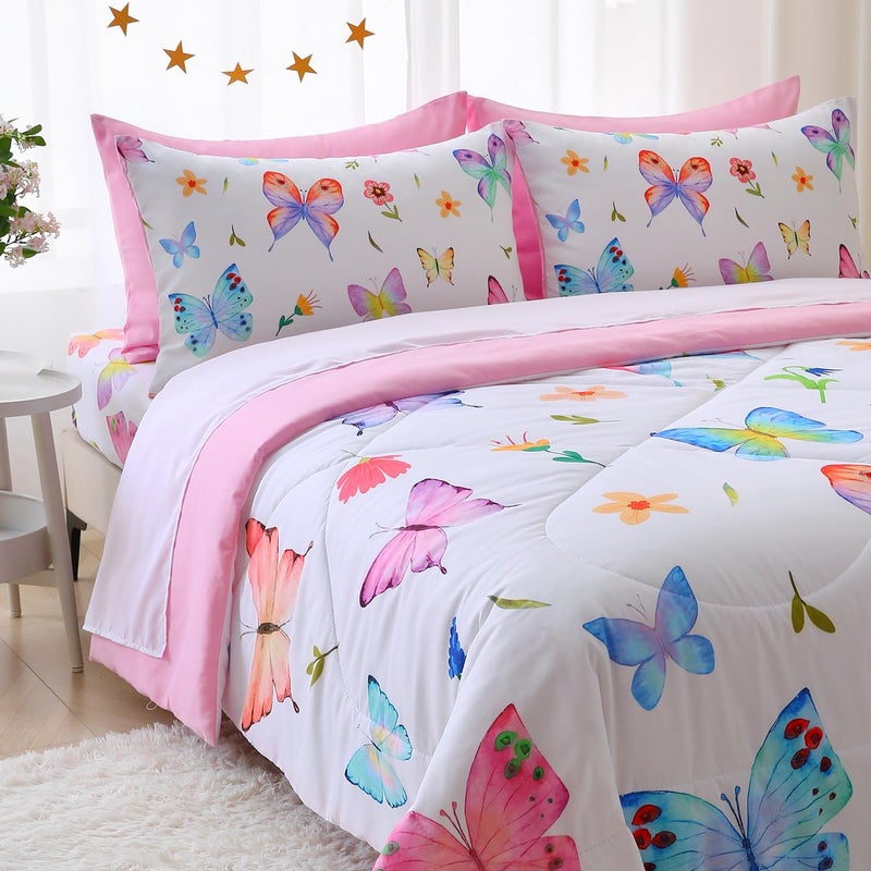 Wajade 7 Piece Butterfly Comforter Set for Girls Kids Cute Colorful Butterfly Flowers Floral Bedding Set Twin Size with Sheet and 2 Pillowcases 2 Pillow Shams Bed in a Bag as Birthday Choice - Image 4