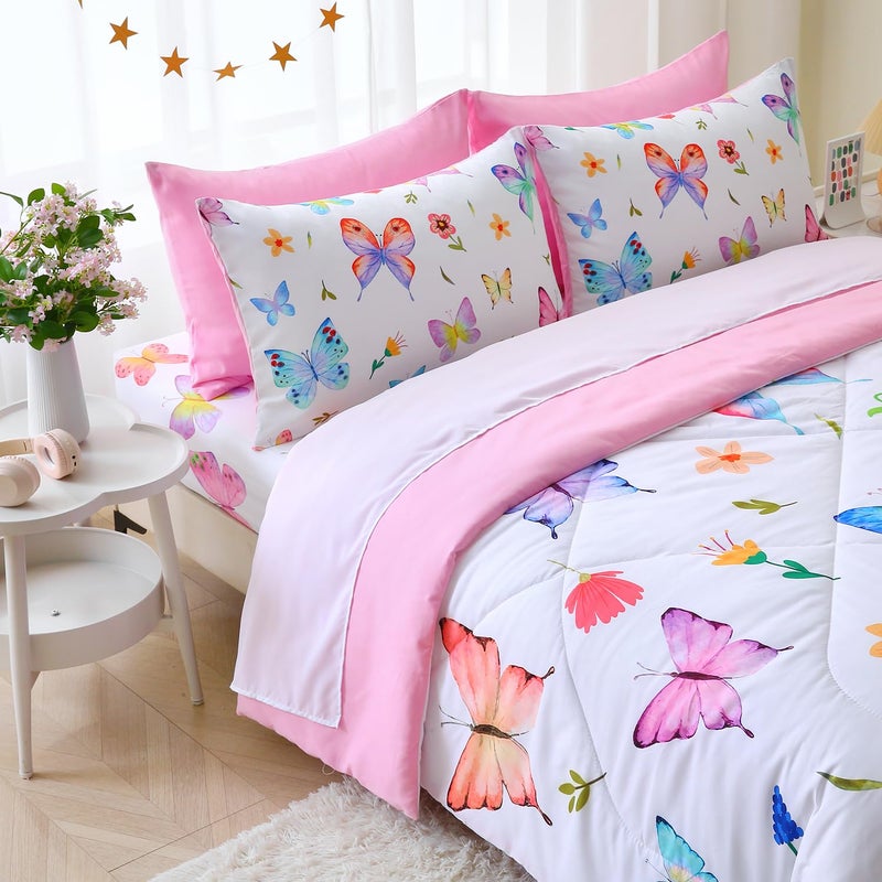 Wajade 7 Piece Butterfly Comforter Set for Girls Kids Cute Colorful Butterfly Flowers Floral Bedding Set Twin Size with Sheet and 2 Pillowcases 2 Pillow Shams Bed in a Bag as Birthday Choice - Image 2