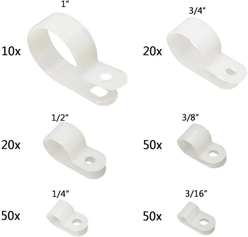Alamic Cable Clamp 200 Pcs Black Nylon Screws Plastic R-Type Cable Clamp Clips Fasteners Assortment for Cable Conduit 6 Sizes 3/16" to 1" - White - Image 2