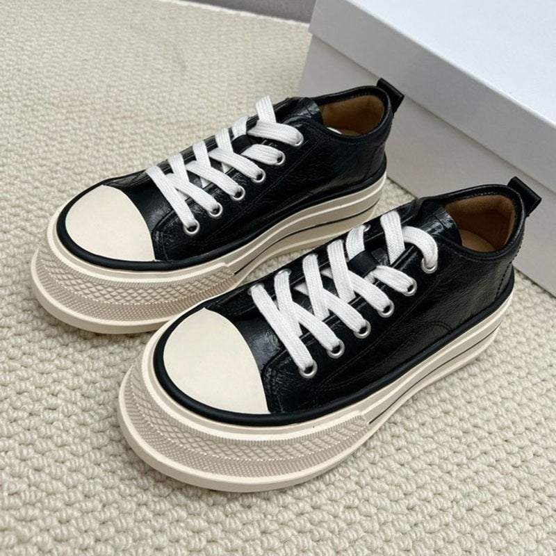 Platform Sole Shoes Women'S Autumn Crazy Horse Leather Low-Top Lace-Up Casual Platform Shoes Increased Women'S Shoes - Image 1