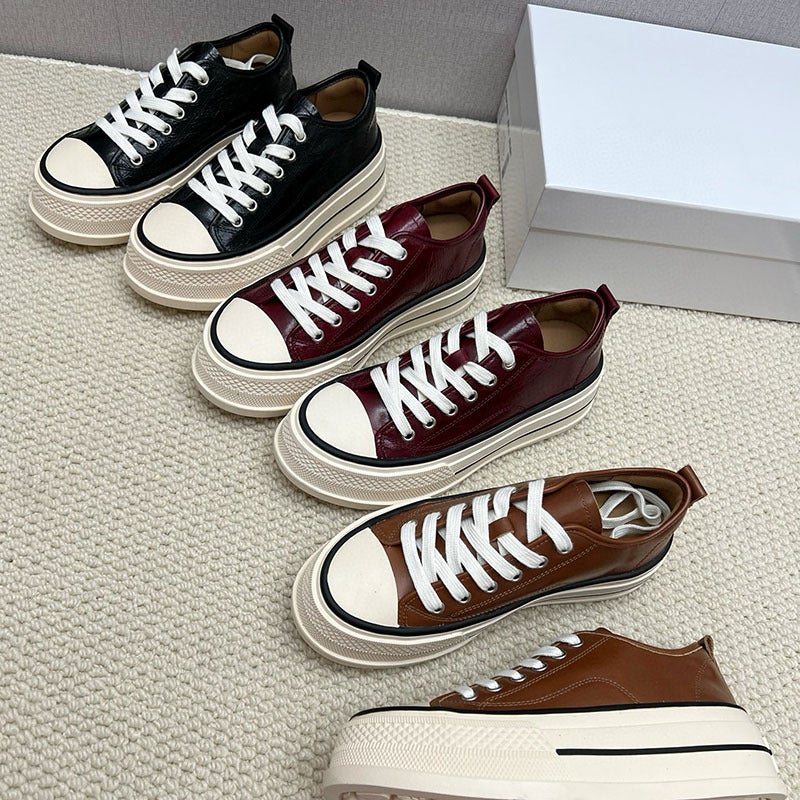 Platform Sole Shoes Women'S Autumn Crazy Horse Leather Low-Top Lace-Up Casual Platform Shoes Increased Women'S Shoes - Image 2
