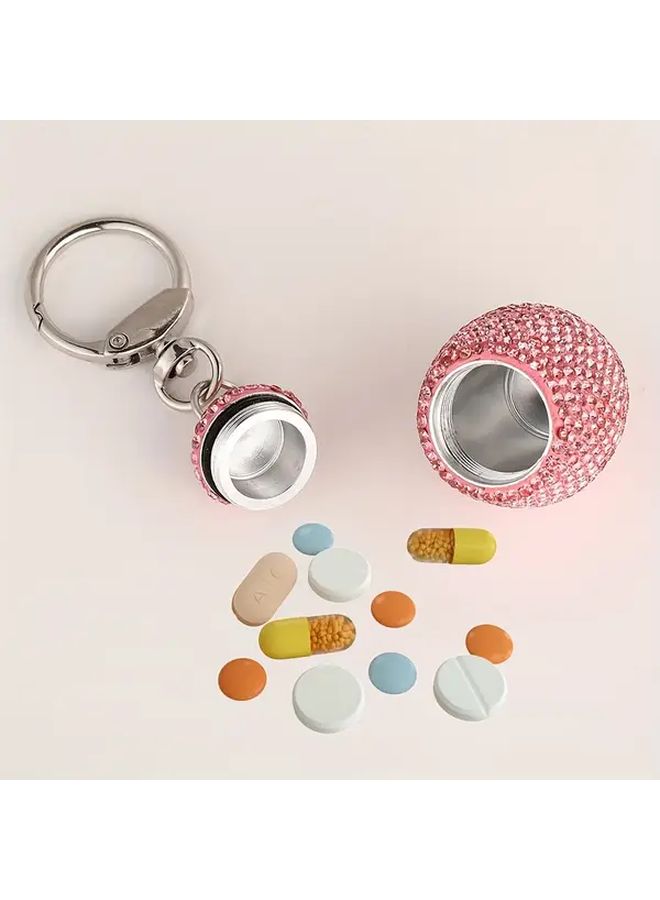 White Metal Pill Organizer Keychain Rhinestone Travel Case - Image 2