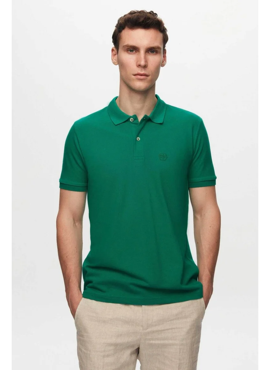 دي أس دامات Regular Fit Green Pique Textured 100% Cotton Non-Curl Polo Collar Embroidered T-Shirt 4HC14ORT51000