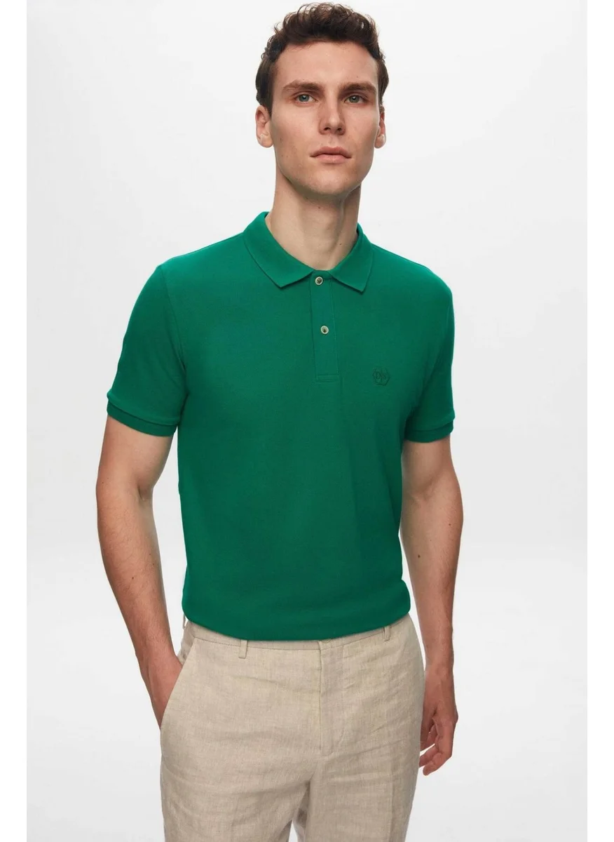 دي أس دامات Regular Fit Green Pique Textured 100% Cotton Non-Curl Polo Collar Embroidered T-Shirt 4HC14ORT51000
