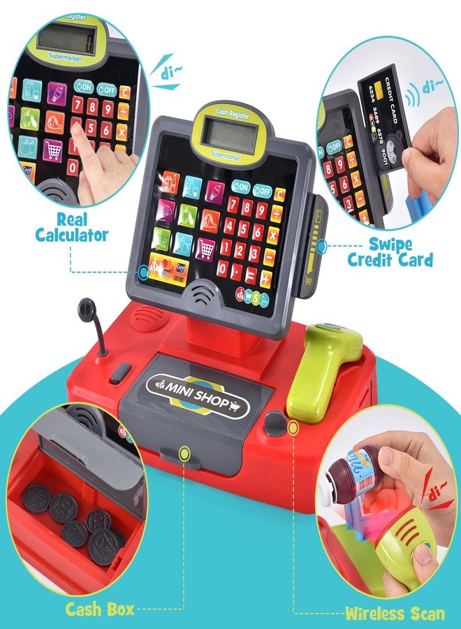 G.C Kids Cash Register Toy Pretend Play with Real Calculator Sound Scanner/Shopping Cart/Food/Play Money, Learning Counter Grocery Store Playset Toys Gift for Kid Boy Girl Age 3 4 5 6 7 8 Years Old - Image 3