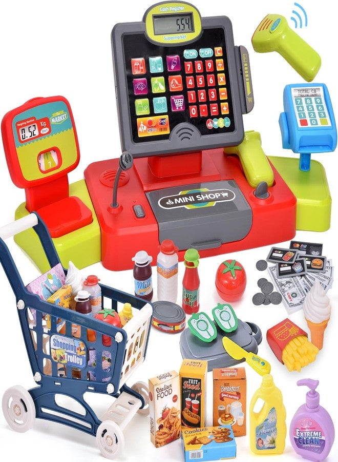 G.C Kids Cash Register Toy Pretend Play with Real Calculator Sound Scanner/Shopping Cart/Food/Play Money, Learning Counter Grocery Store Playset Toys Gift for Kid Boy Girl Age 3 4 5 6 7 8 Years Old - Image 1