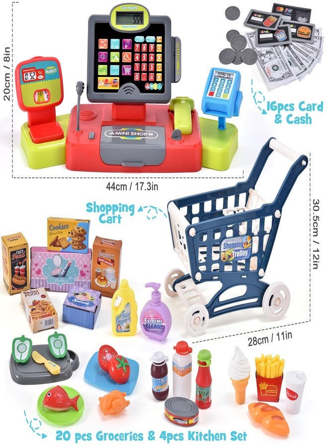 G.C Kids Cash Register Toy Pretend Play with Real Calculator Sound Scanner/Shopping Cart/Food/Play Money, Learning Counter Grocery Store Playset Toys Gift for Kid Boy Girl Age 3 4 5 6 7 8 Years Old - Image 2