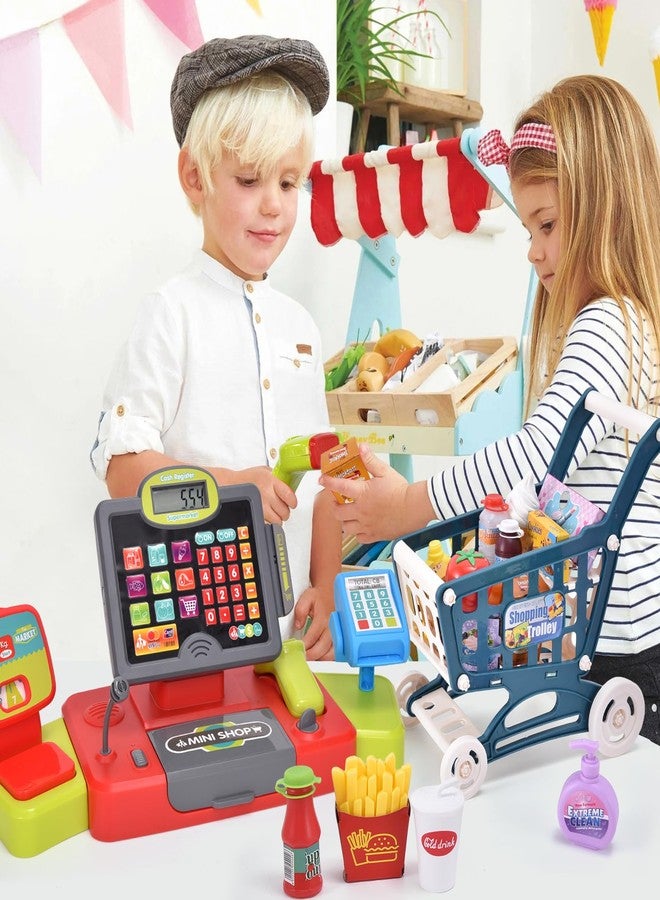 G.C Kids Cash Register Toy Pretend Play with Real Calculator Sound Scanner/Shopping Cart/Food/Play Money, Learning Counter Grocery Store Playset Toys Gift for Kid Boy Girl Age 3 4 5 6 7 8 Years Old - Image 4