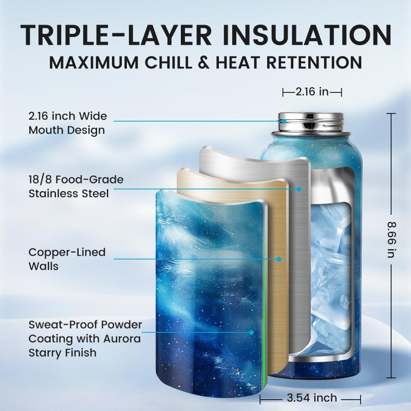 Raymylo 32Oz Insulated Water Bottle  Triple Wall Vacuum Stainless Steel Water Bottles - Keeps Cold 48H  Reusable 1/4 Gallon Water Flask Jug For Gym  Sports  Camping  Hiking Travel  Aurora-Blue - Image 4
