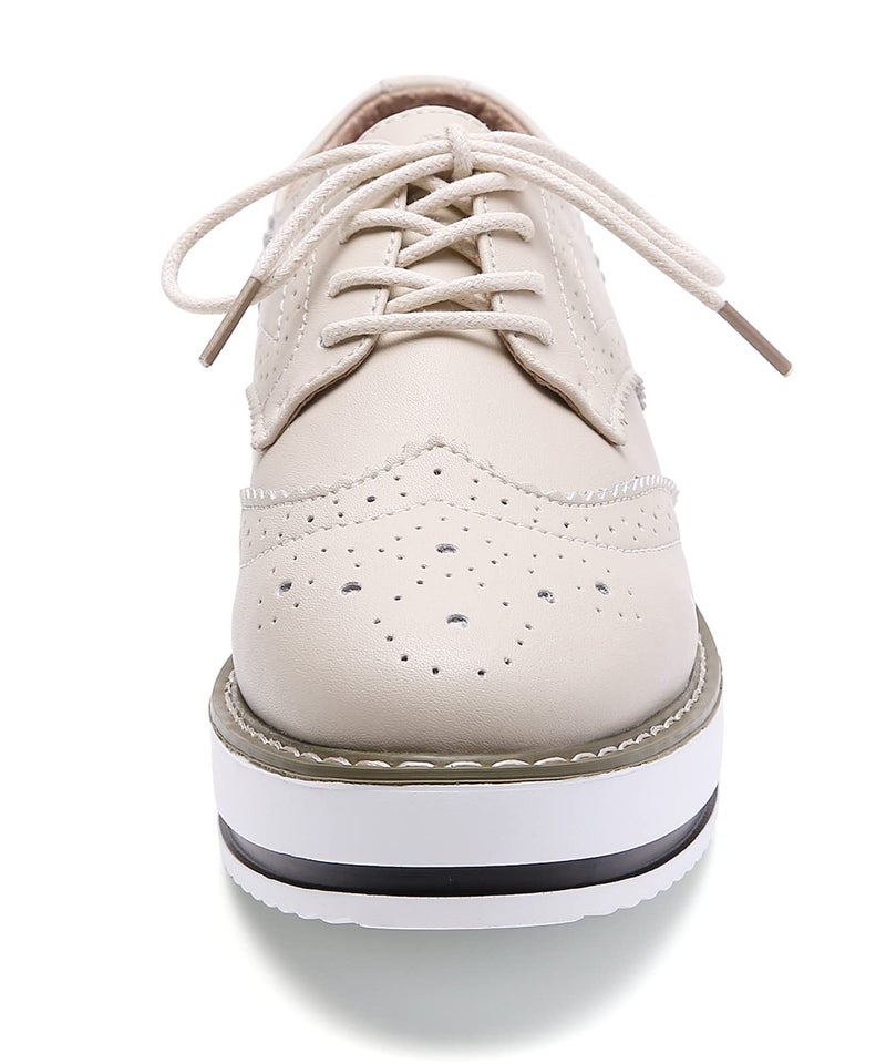 DADAWEN Women's Platform Lace-Up Wingtips Square Toe Oxfords Shoe Beige Leather US Size 6.5/Asia Size 37/23.5cm - Image 4