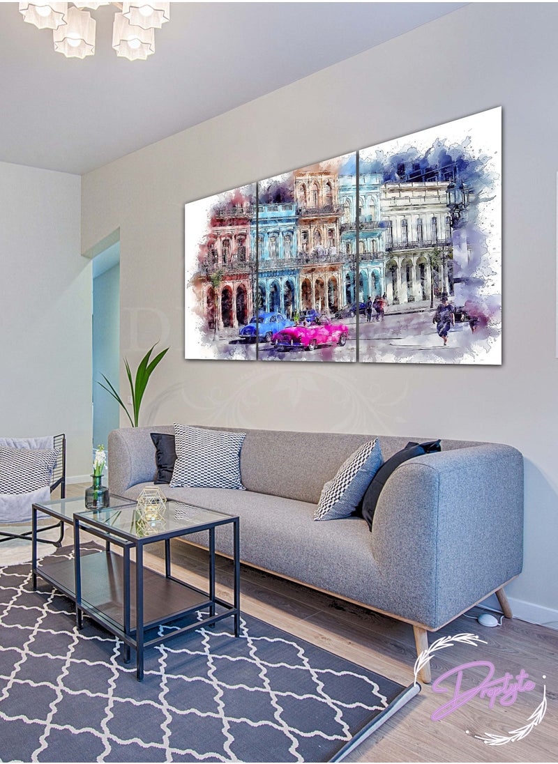 Droplyte 3 Piece Buildings on the Road Colorful Painting Decorative Wall Art Wall Decor Card Board MDF Home Decor for Living Room, Drawing Room, Office Room and Bedroom 120CM x 60CM  - Image 1