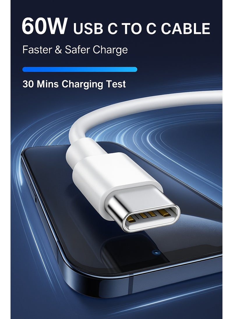 كابل شحن سريع USB-C إلى USB-C بطول 1 متر 60 واط مضفر من النايلون – أبيض - Image 3