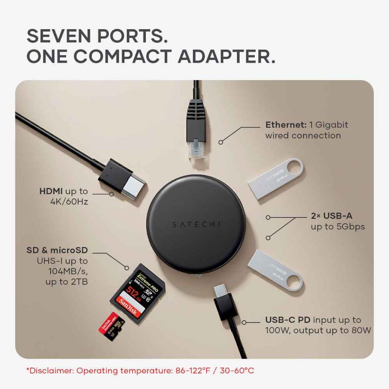 SATECHI OntheGo™ 7-in-1 USB-C Hub | Compact Magnetic Multiport Adapter, 100W PD, HDMI 4K/60Hz, Gigabit Ethernet, 2×USB-A 5Gbps, SD/microSD Reader, Coiled Cable, for Mac & Windows – Space Black black - Image 3