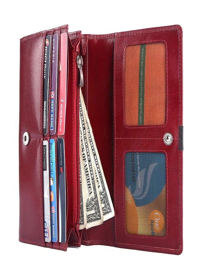 Brooklyn Bridge® Genuine Leather Clutch Wallet for Women Accordion Purse with Coin Chain Pocket and Two ID Window (Crazy Square-Smooth Leather + RFID, Crazy Square-Smooth RED 1) - Image 2