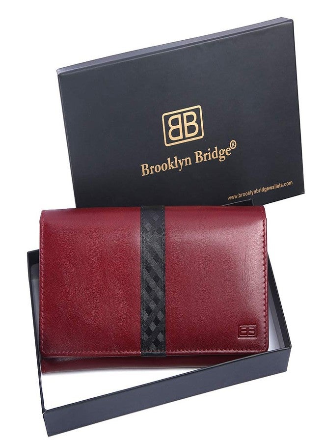 Brooklyn Bridge® Genuine Leather Clutch Wallet for Women Accordion Purse with Coin Chain Pocket and Two ID Window (Crazy Square-Smooth Leather + RFID, Crazy Square-Smooth RED 1) - Image 4
