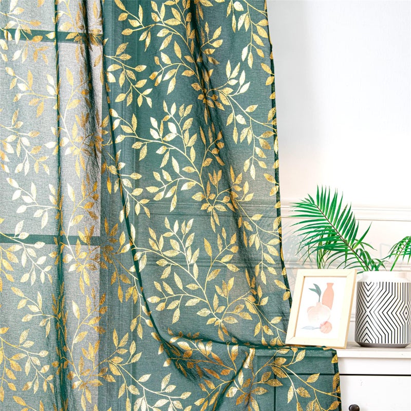 Deeprove Sheer Curtains 90 inches Long for Bedroom Living Room Dining Room Nursery  Abstract Metallic Gold Foil Vine Leaves Print Window Treatments Pair Set  W52 x L90 Inch  2 Panels  Emerald Green - Image 1