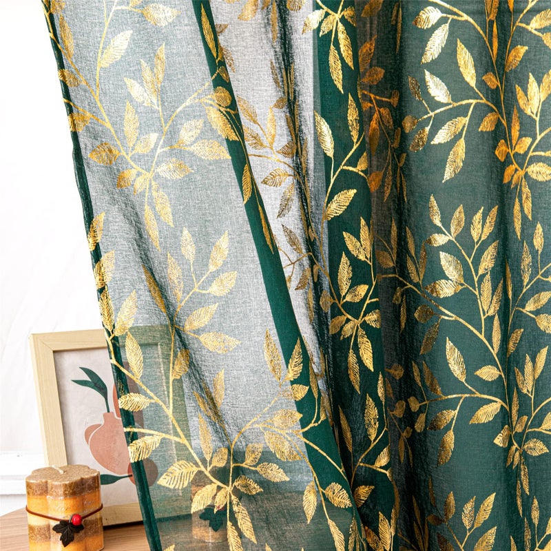 Deeprove Sheer Curtains 90 inches Long for Bedroom Living Room Dining Room Nursery  Abstract Metallic Gold Foil Vine Leaves Print Window Treatments Pair Set  W52 x L90 Inch  2 Panels  Emerald Green - Image 5