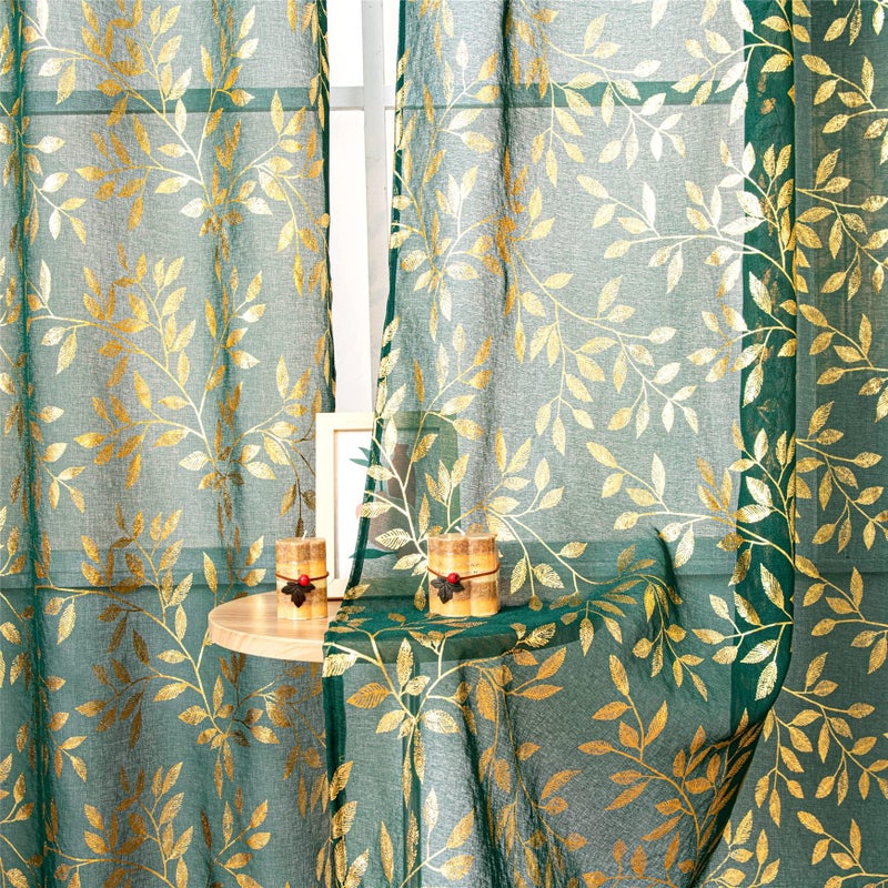 Deeprove Sheer Curtains 90 inches Long for Bedroom Living Room Dining Room Nursery  Abstract Metallic Gold Foil Vine Leaves Print Window Treatments Pair Set  W52 x L90 Inch  2 Panels  Emerald Green - Image 2