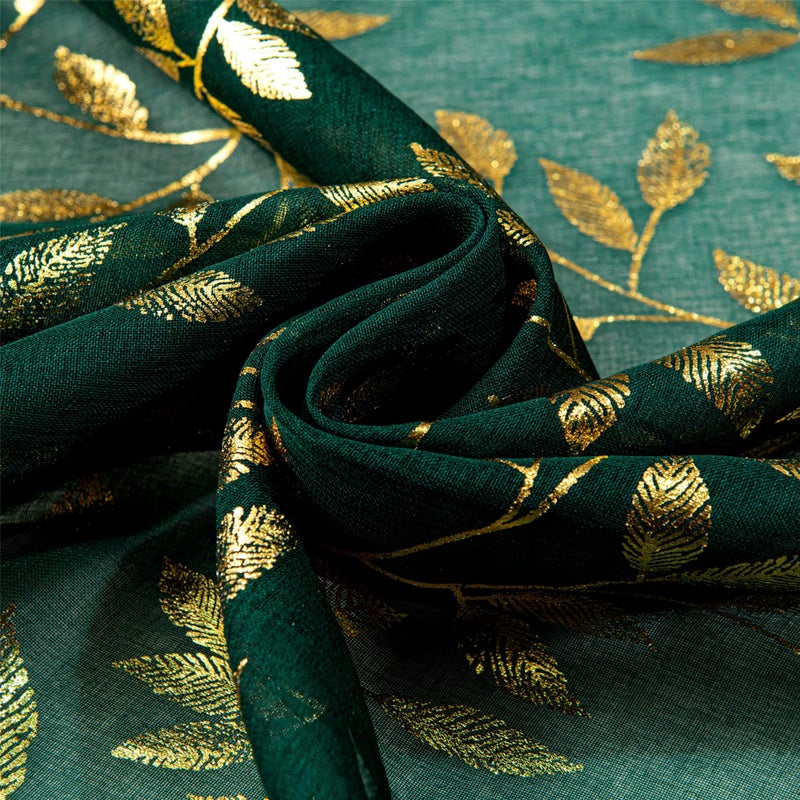 Deeprove Sheer Curtains 90 inches Long for Bedroom Living Room Dining Room Nursery  Abstract Metallic Gold Foil Vine Leaves Print Window Treatments Pair Set  W52 x L90 Inch  2 Panels  Emerald Green - Image 4