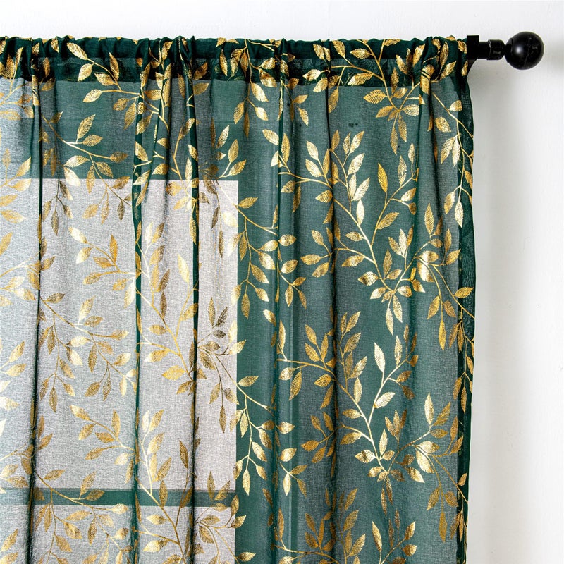 Deeprove Sheer Curtains 90 inches Long for Bedroom Living Room Dining Room Nursery  Abstract Metallic Gold Foil Vine Leaves Print Window Treatments Pair Set  W52 x L90 Inch  2 Panels  Emerald Green - Image 3