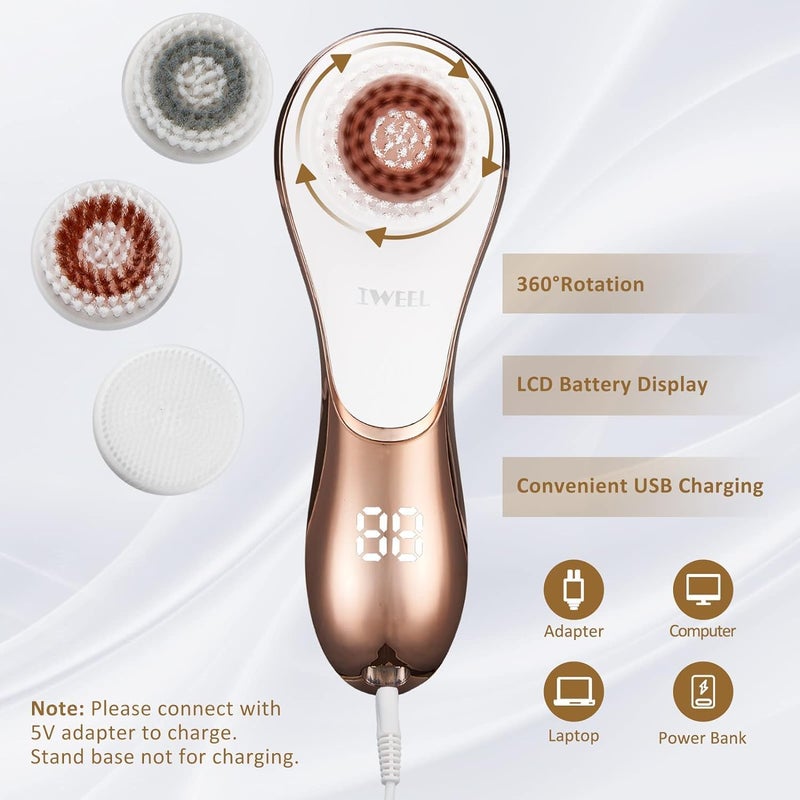 IWEEL Electric Face Brush Scrubber Rechargeable Facial Exfoliator IPX-7 Waterproof Spin Cleanser Rotating Spa Machine for Exfoliating, Massaging and Deep Cleansing with 4 Brush Heads - Image 5