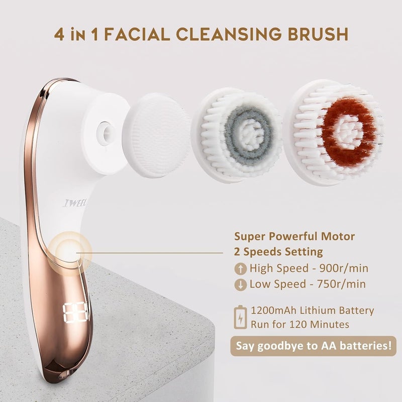 IWEEL Electric Face Brush Scrubber Rechargeable Facial Exfoliator IPX-7 Waterproof Spin Cleanser Rotating Spa Machine for Exfoliating, Massaging and Deep Cleansing with 4 Brush Heads - Image 2