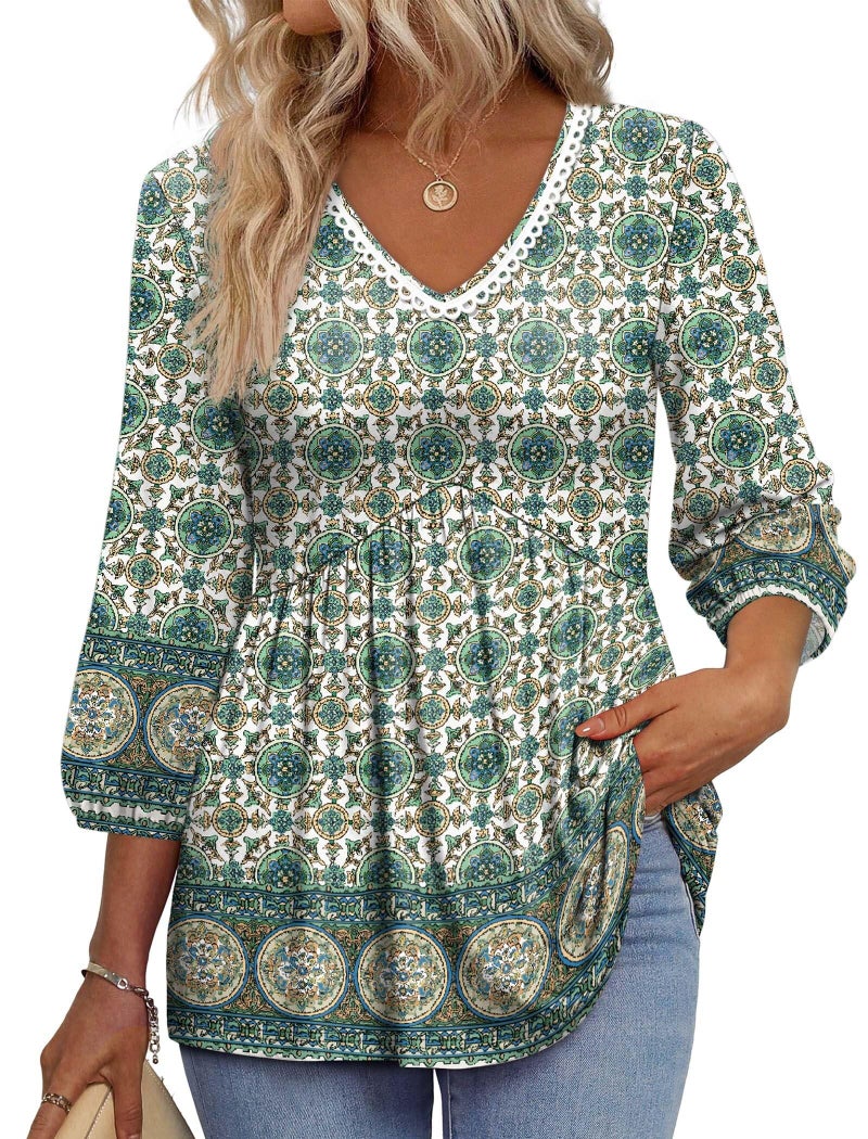 OFEEFAN Western Outfit for Women Boho Tops Plus Size 3/4 Length Sleeve Womens Tops Women's Clothing Vacation Summer Cruise Outfits St Patricks Day Shirt Women Boho Green 2XL - Image 1