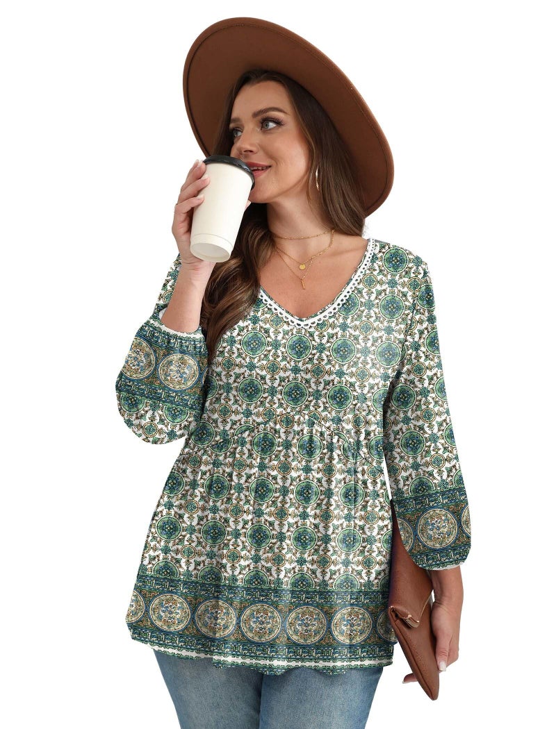 OFEEFAN Western Outfit for Women Boho Tops Plus Size 3/4 Length Sleeve Womens Tops Women's Clothing Vacation Summer Cruise Outfits St Patricks Day Shirt Women Boho Green 2XL - Image 4