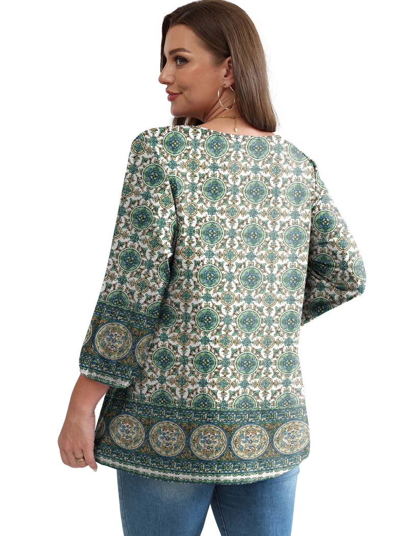 OFEEFAN Western Outfit for Women Boho Tops Plus Size 3/4 Length Sleeve Womens Tops Women's Clothing Vacation Summer Cruise Outfits St Patricks Day Shirt Women Boho Green 2XL - Image 5