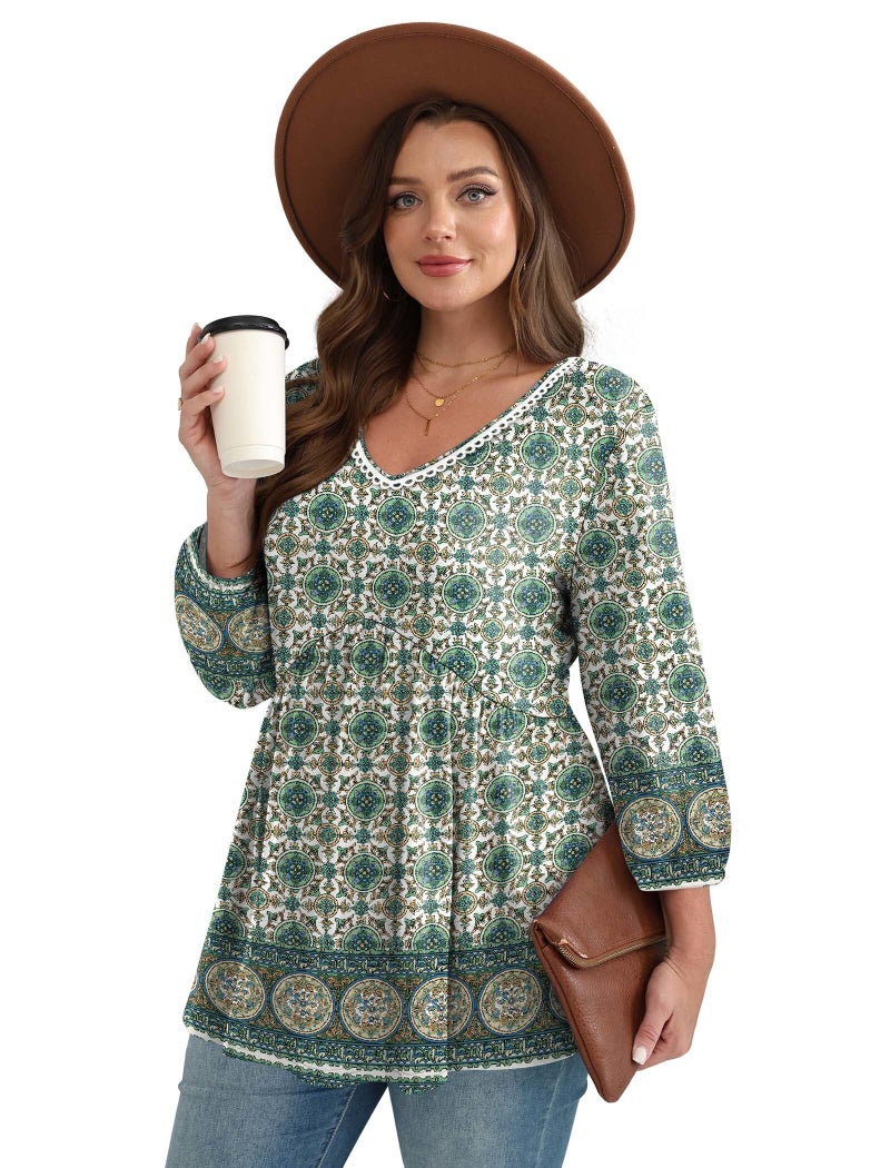 OFEEFAN Western Outfit for Women Boho Tops Plus Size 3/4 Length Sleeve Womens Tops Women's Clothing Vacation Summer Cruise Outfits St Patricks Day Shirt Women Boho Green 2XL - Image 3