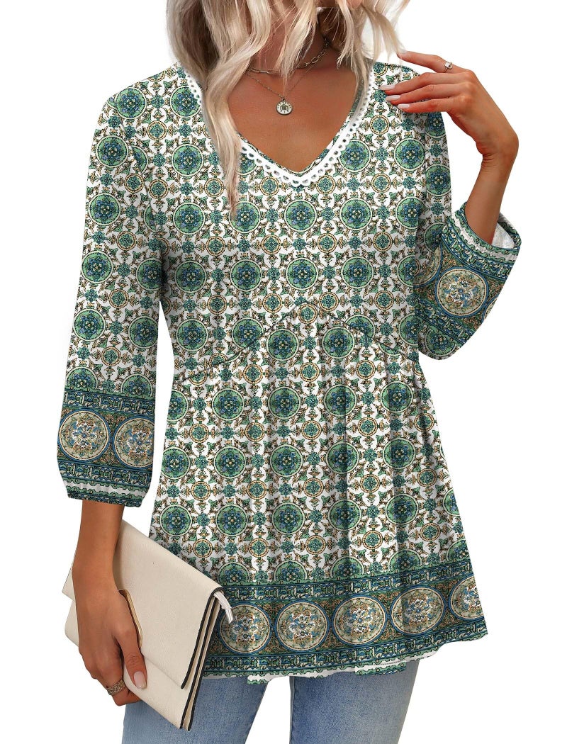 OFEEFAN Western Outfit for Women Boho Tops Plus Size 3/4 Length Sleeve Womens Tops Women's Clothing Vacation Summer Cruise Outfits St Patricks Day Shirt Women Boho Green 2XL - Image 2