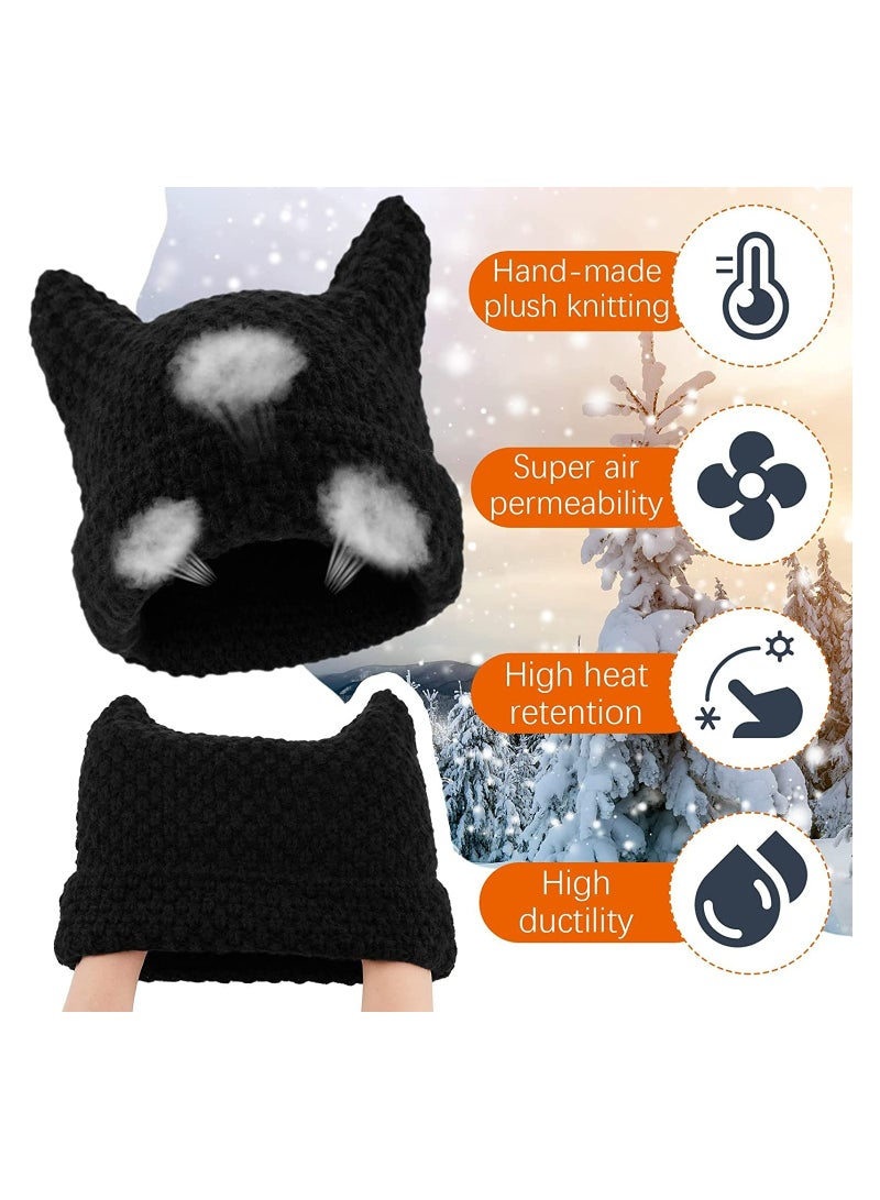 Winter Warm Cap, 3Pcs Women Knitted Beanie Set with Cat Ears and Horns, Slouchy Crochet Hat for Cold Weather, Stylish and Cozy Knit Caps for Women - Image 4