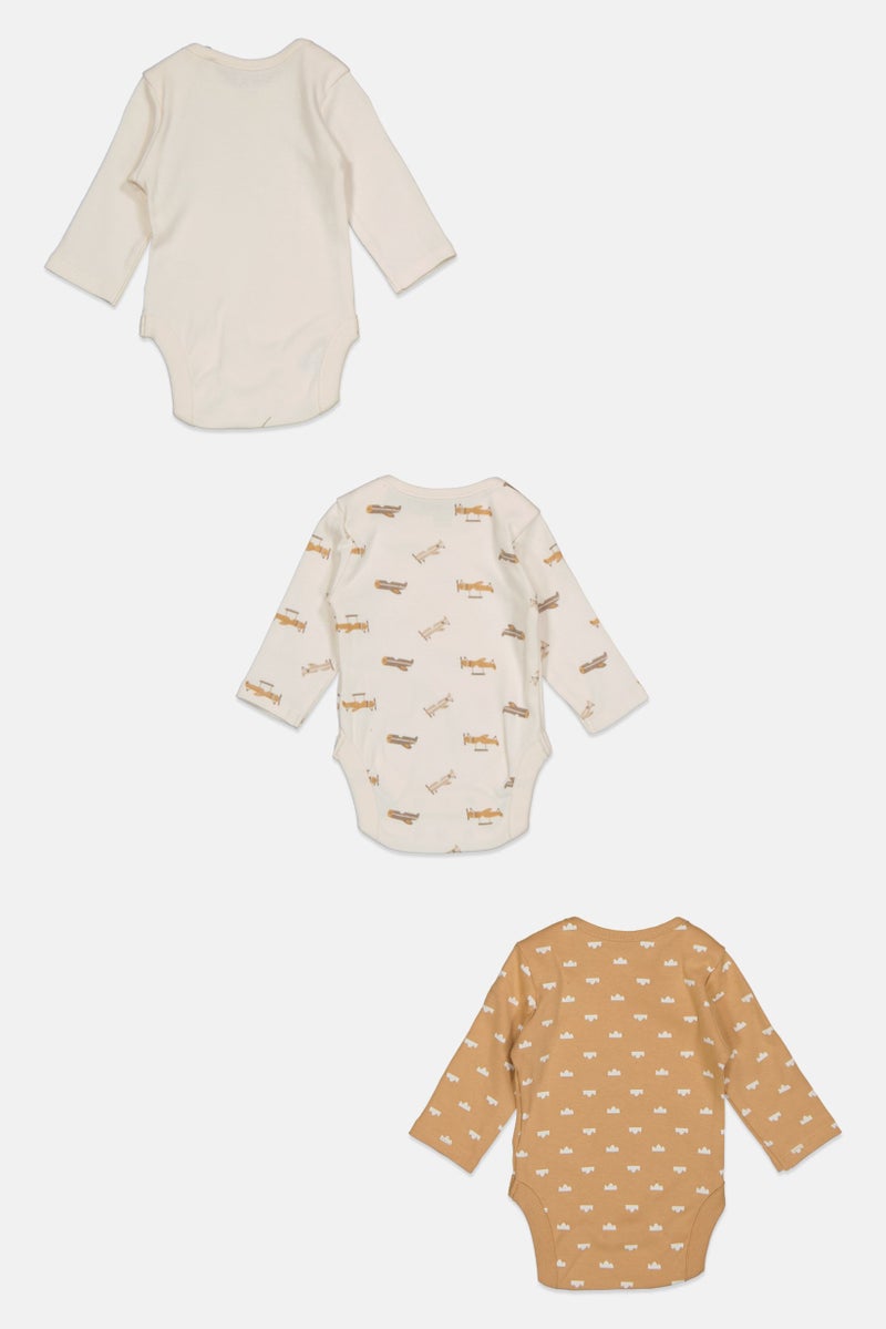 Home Grown Baby Toddlers Boy 3 Piece Long Sleeve Graphic Print Rompers, Beige Combo  - Image 2
