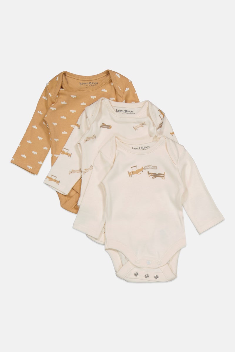 Home Grown Baby Toddlers Boy 3 Piece Long Sleeve Graphic Print Rompers, Beige Combo  - Image 3