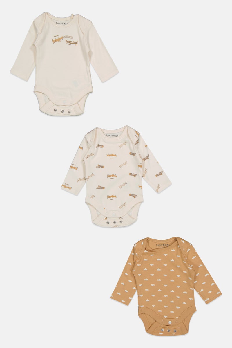 Home Grown Baby Toddlers Boy 3 Piece Long Sleeve Graphic Print Rompers, Beige Combo  - Image 1