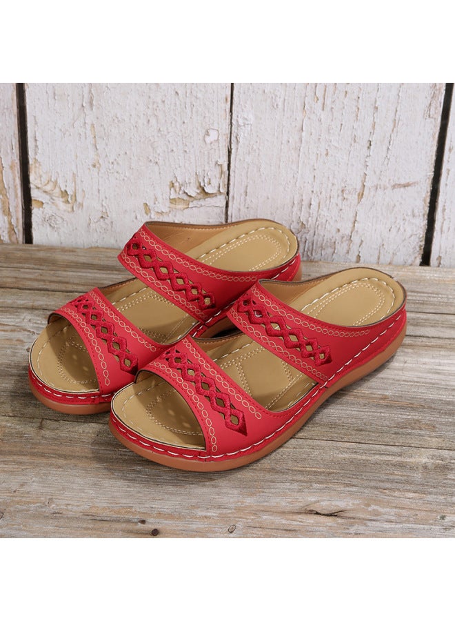 Plus-size Women's Shoes, Retro Style, Non-slip, Wedge Heel, Round Toe Sandals, Women's Slippers, New Model, Red