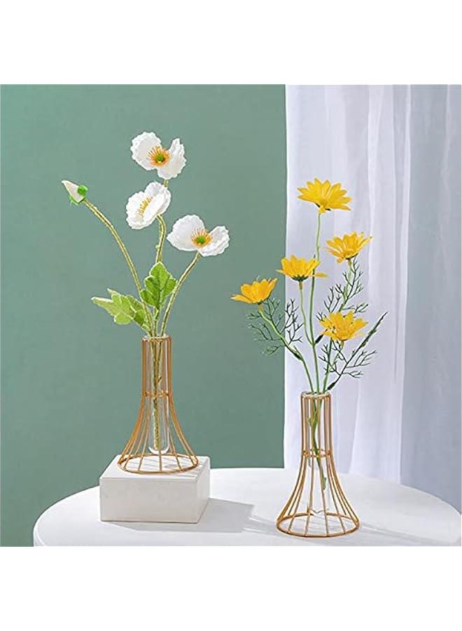 Nordic Styles Hydroponic Flower Vase Geometric Line Frame Iron Art Vase Glass Test Tube Metal Holder Home Decoration Craft Gift(6inch,Gold) - Image 2