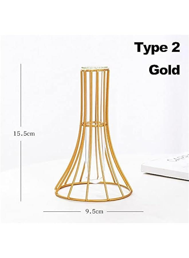 Nordic Styles Hydroponic Flower Vase Geometric Line Frame Iron Art Vase Glass Test Tube Metal Holder Home Decoration Craft Gift(6inch,Gold) - Image 3