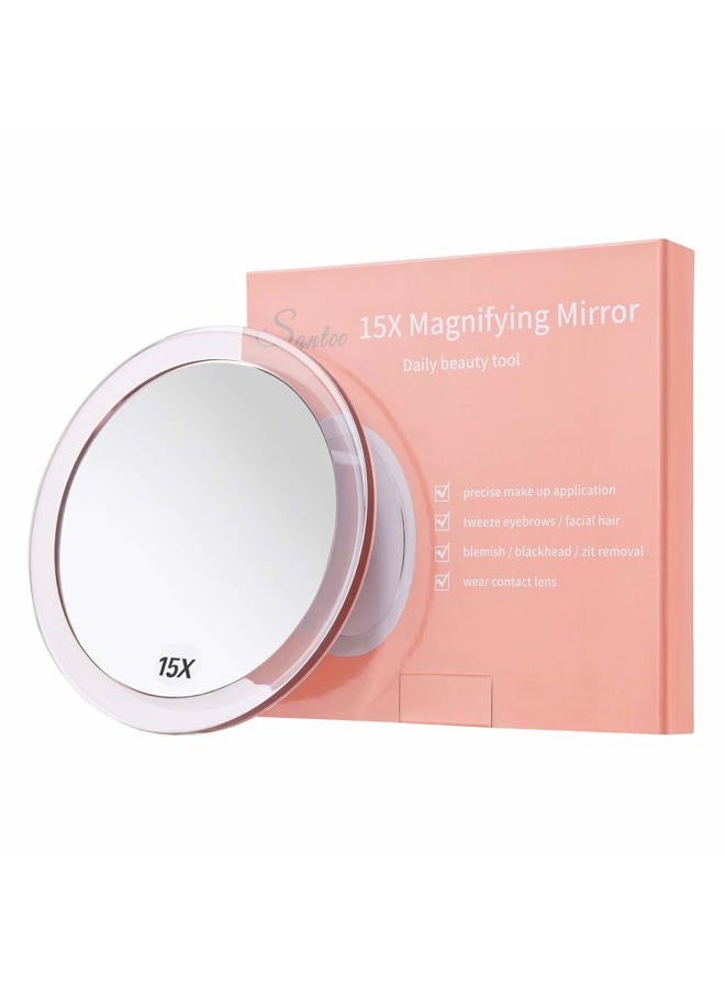 Santoo 6 Inch Round 15X Magnifying Mirror with 3 Mounting Suction Cups for Precise Makeup Application - Eyebrow/Tweezing/Shaving - Blackhead/Blemish Removal - Bathroom/Travel Makeup Mirror (Rose Gold) - Image 1