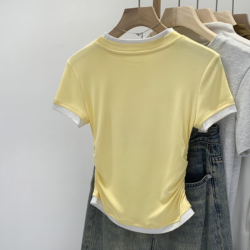 2026 Early Spring Design-Inspired Color-Blocked Faux Two-Piece Regular Shoulder Short-Sleeve T-Shirt For Women, New Summer Style With Pleated Waist - Image 3