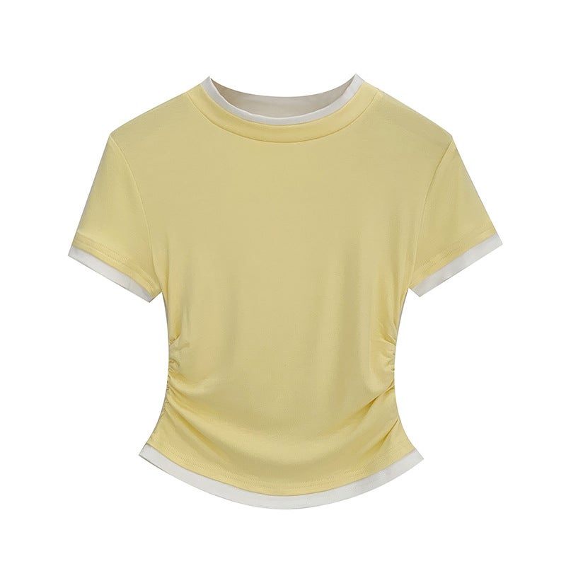 2026 Early Spring Design-Inspired Color-Blocked Faux Two-Piece Regular Shoulder Short-Sleeve T-Shirt For Women, New Summer Style With Pleated Waist - Image 5