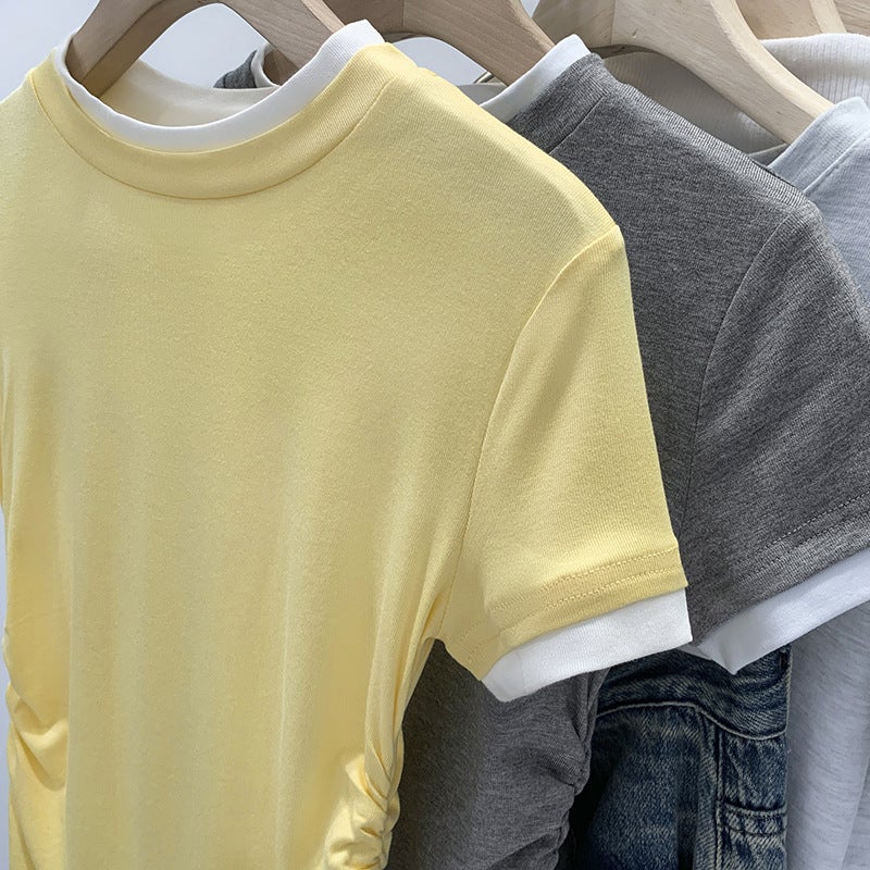 2026 Early Spring Design-Inspired Color-Blocked Faux Two-Piece Regular Shoulder Short-Sleeve T-Shirt For Women, New Summer Style With Pleated Waist - Image 4