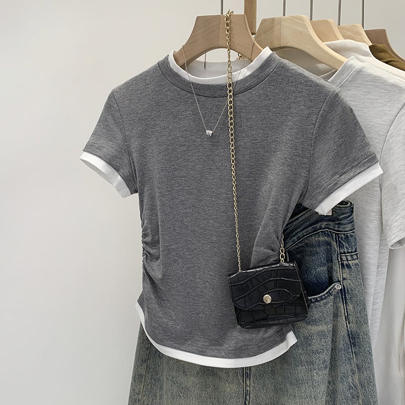 2026 Early Spring Design-Inspired Color-Blocked Faux Two-Piece Regular Shoulder Short-Sleeve T-Shirt For Women, New Summer Style With Pleated Waist - Image 1