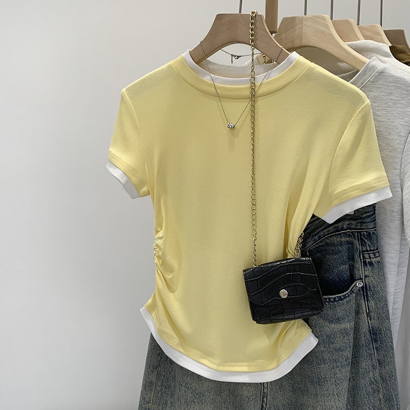 2026 Early Spring Design-Inspired Color-Blocked Faux Two-Piece Regular Shoulder Short-Sleeve T-Shirt For Women, New Summer Style With Pleated Waist - Image 2